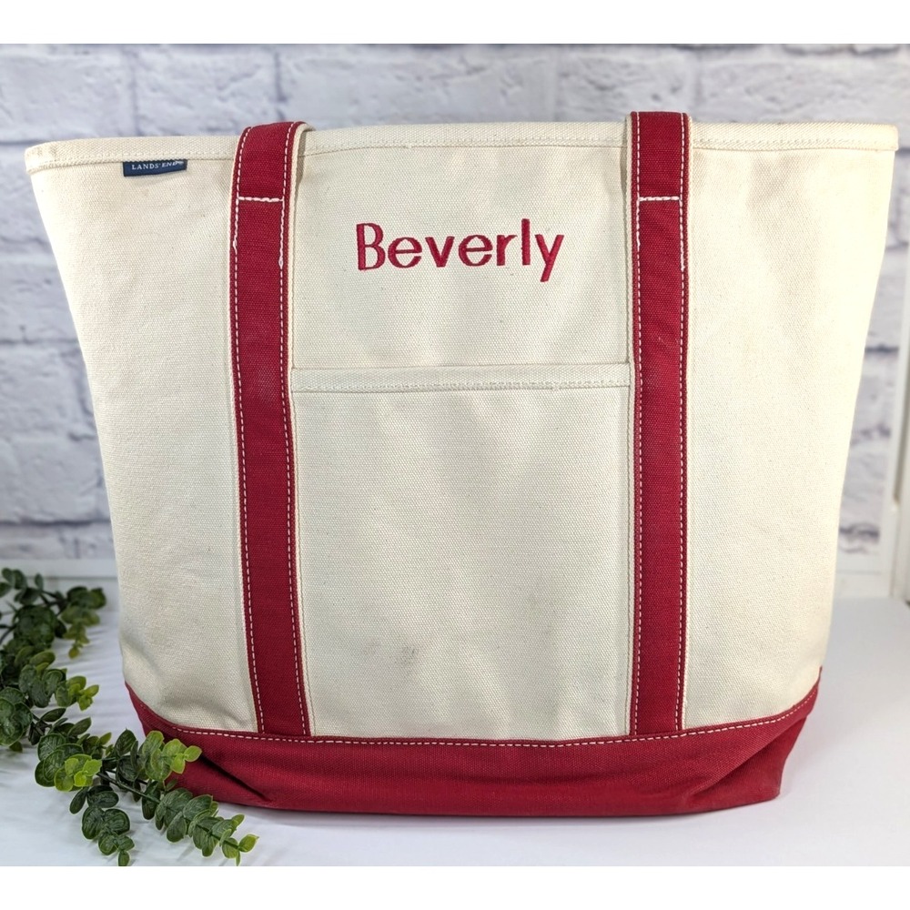 HUGE & POCKETS🇺🇸Vtg Lands' End Tote Bag Canvas Coastal Chic Red Trim Nantucket